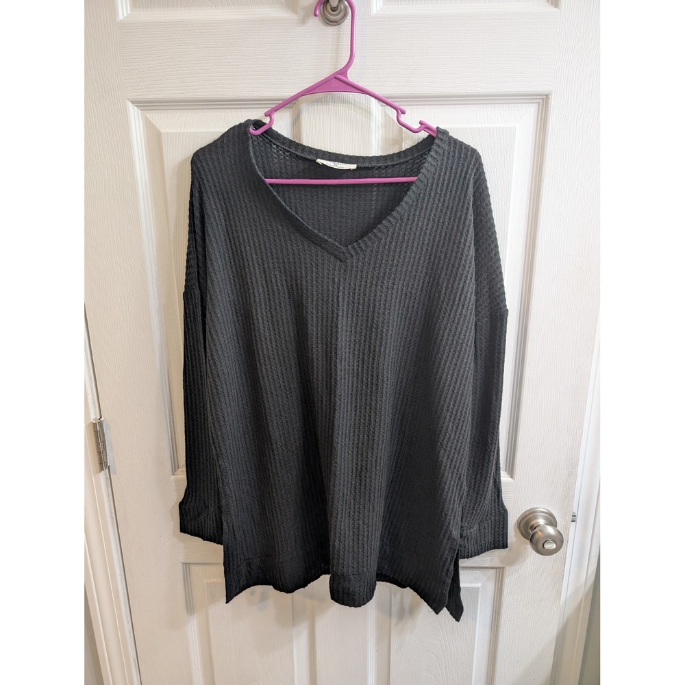 Zenana Waffle Knit V Neck Long Sleeve Top Black - Size XL